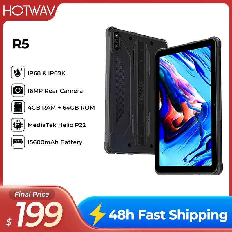 Global Version HOTWAV R5 Rugged Tablets Android 12 Octa Core 4GB 64GB 15600mAh 10.1" HD+ Display 16MP Rear Camera Tablet PC