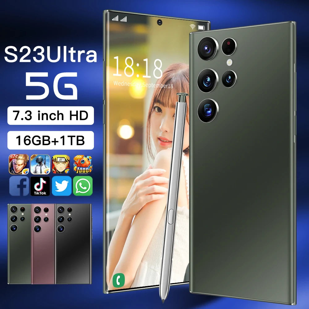 S23Ultra 5G Smartphone 7.3 inch Face ID 6800mAh Mobile Phone 16GB+1TB smartphones 48+108MP Type-C Telephone Global version