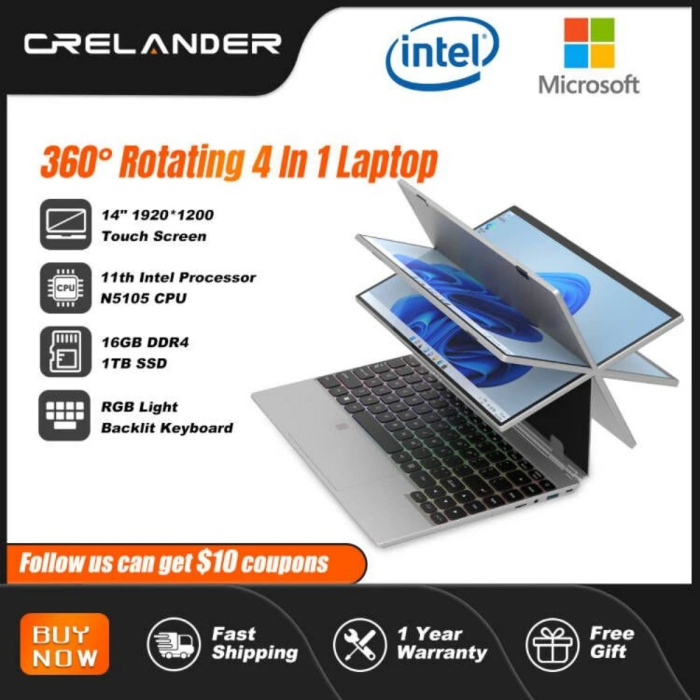 CRELANDER 360 Degree Rotating Touch Screen Laptop 14 Inch Intel N5105 RAM 16GB Windows 11 Portable PC Notebook 2 In 1 Laptop