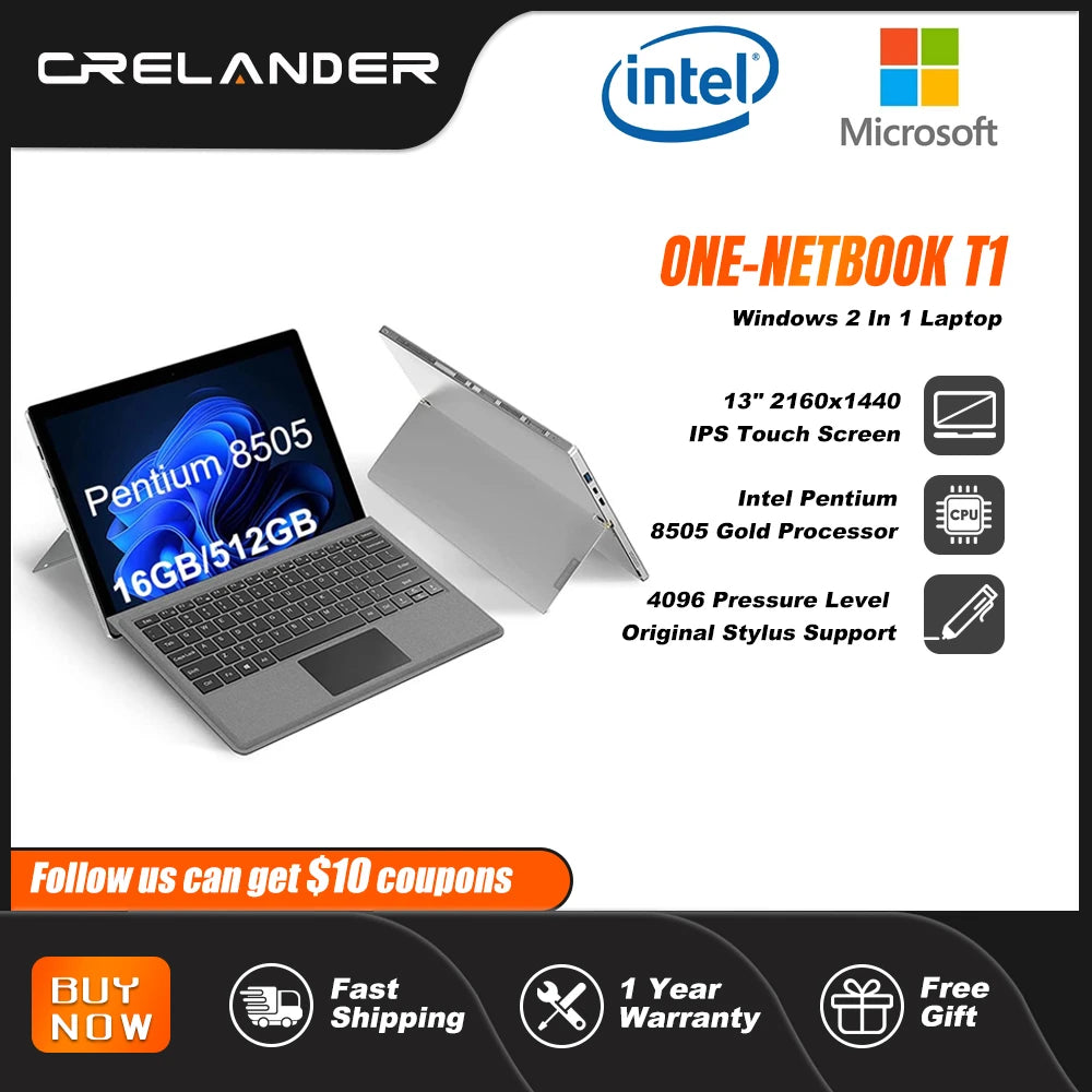 One Netbook T1 Laptop 2 in 1 Tablet PC Windows 11 Pentium 8505 Processor 13 Inch 2160x1440 IPS Touch Screen Notebook Computer