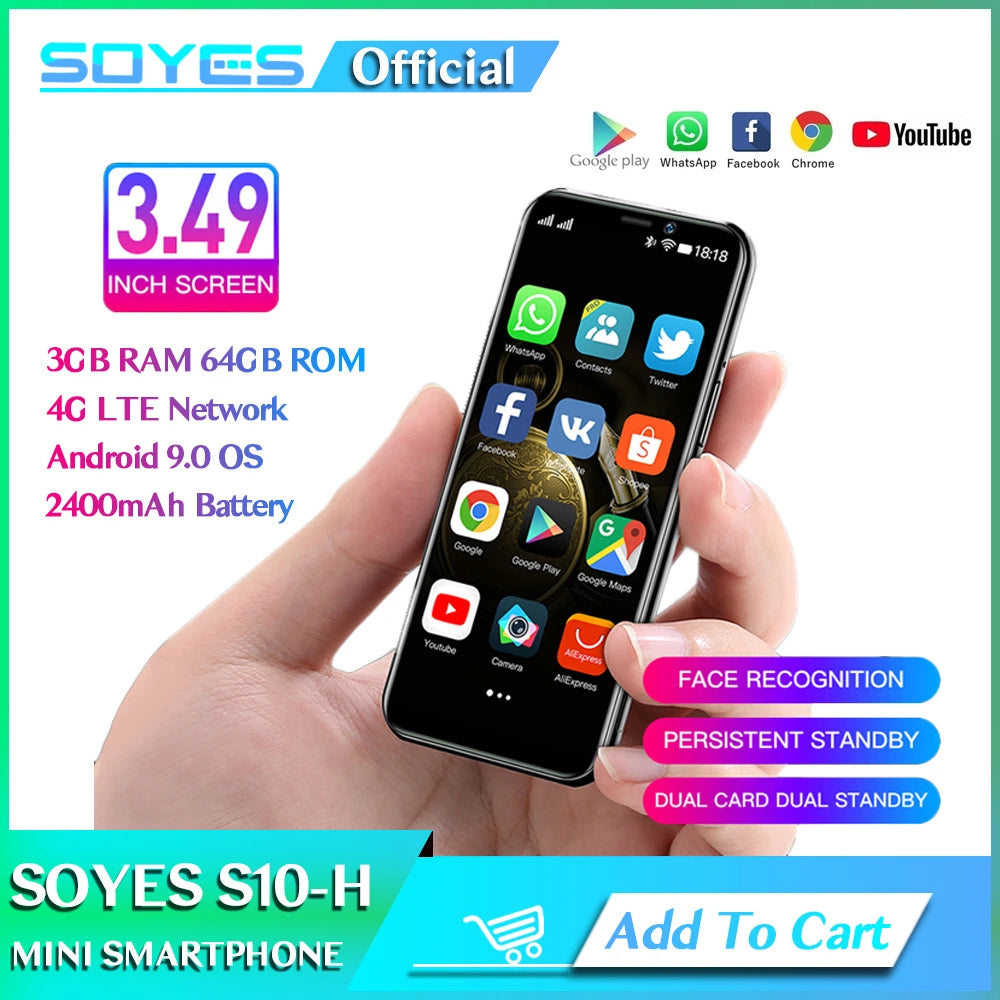 Original SOYES S10-H Mini Mobile Phone 3.5'' Screen 4G LTE 3GB RAM 64GB ROM Android 9.0 Face ID Unlock Smart Telefone Celulares