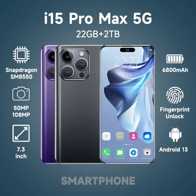 2023 New i15 Pro Max Global Version Smartphone 16G+1TB 6800mAh 50MP+108MP 4G/5G Network Cellphone Dual Sim Android Mobile Phone