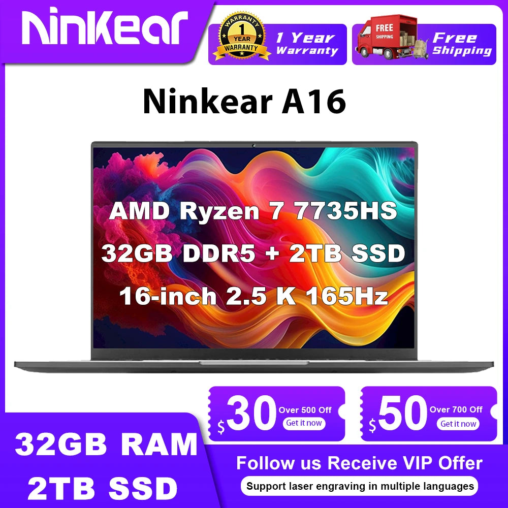 Ninkear A16 Gaming Laptop AMD Ryzen 7 7735HS 32GB DDR5+2TB Nvme SSD 16-inch 2.5K 165Hz WiFi6 Computer Laptop Windows 11 Notebook