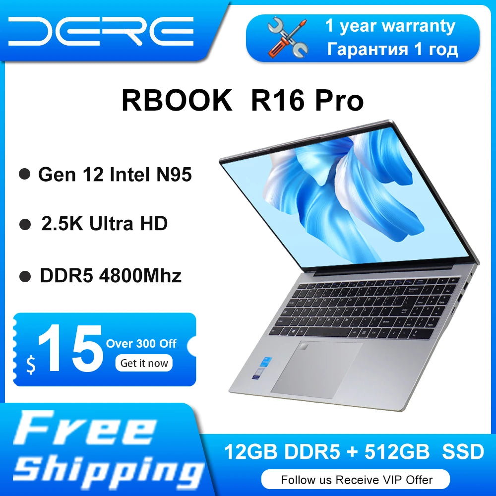 DERE Laptops R16 Pro 16" 2.5K IPS Ultra HD 12th Gen Intel N95 Processor 3.4Ghz 12GB DDR5+512GB SSD Windows 11 Ultrabook Notebook